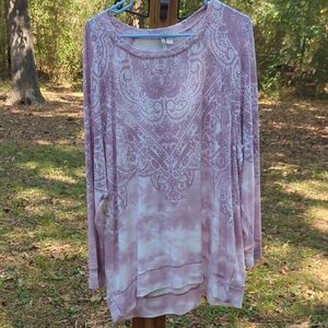 Cato Long Sleeve Paisley Print Tee in Dusty Rose and White